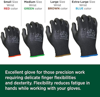 WOLF Polyurethane Palm Coated Nylon Shell Work Gloves, Construction, Mechanic, Warehouse, Yard Work, Gardening