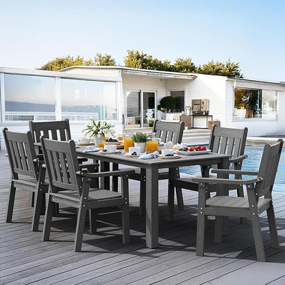 YEFU HIPS Patio Table Set: 7 Piece Outdoor Table and Chairs Dining Furniture Set with Umbrella Hole - Gray Modern Plastic Dining Sets 6 Person for Outside Deck with Metal Aluminum Frame