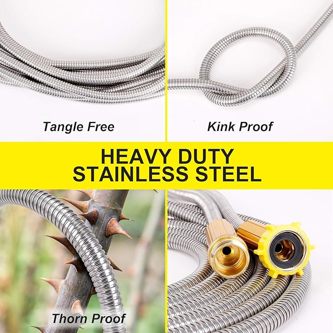 FOXEASE Metal Garden Hose 10FT - Short Hose Stainless Steel Heavy Duty Water Hose with Solid Adjustable Nozzle Portable & Lightweight Kink Free Yard Hose