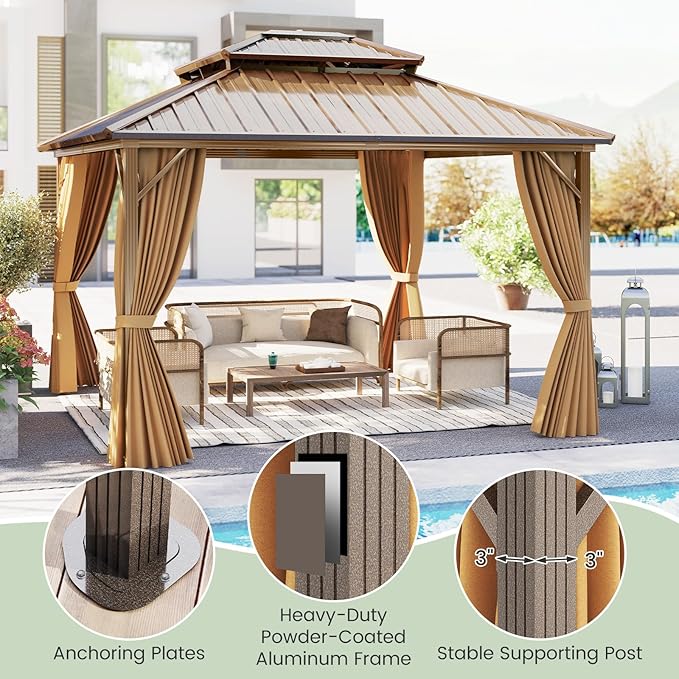 Tangkula 12x12 FT Hardtop Gazebo, Outdoor Permanent Pavilion Shelter with Netting & Curtain, Heavy-Duty Double Galvanized Metal Roof, Aluminum Frame, Outdoor Gazebo for Patio Garden Deck Lawn