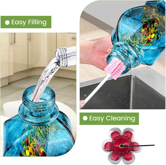BOLITE Hummingbird Feeder, Hand Blown Glass Hummingbird Feeders for Outdoors Hanging, with Ant Moat and 5 Feeding Ports, 22 Ounces, Blue, Birthday Gifts for Women Men, Gifts for Mom Dad