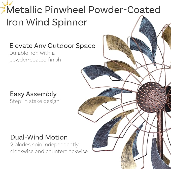 Sunnydaze Metallic Pinwheel Metal Garden Wind Spinner - Removable Pole Sections for Adjustable Height - Dual-Motion Blades - 84.5" H