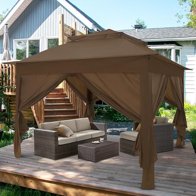 COOS BAY 11x11 Pop-up Instant Gazebo Tent with 4 Sidewalls Outdoor Canopy Shelter with Carry Bag, Stakes and Ropes, Brown