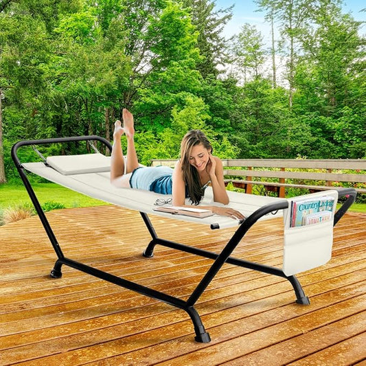 Sorbus Cozy Hammock Bed- Patio Hammock with Stand w/Pillow and Storage Pockets- Heavy Duty 500lbs Support- Durable Outdoor Hammock- For Patio, Garden, Backyard, Poolside- Weather Resistant Outdoor Bed