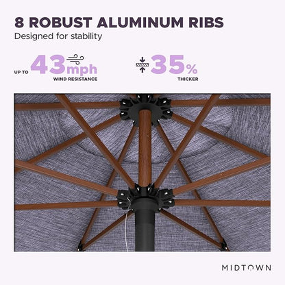 Midtown Umbrellas The Wooden 9 Feet Patio Umbrella With Terylast Purple Texture Polyester Fabric - Aluminum Frame Market Umbrella For Backyard, Deck, Garden, Pool - Wooden Pole