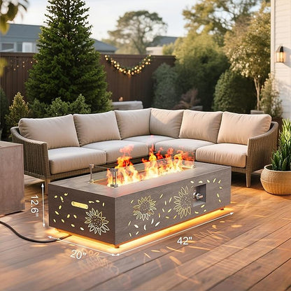 42" Outdoor Fire Pit Table, 50,000 BTU Gas Fire Pit with Glass Wind Guard, Fire Stones, Waterproof Cover, Propane Fire Pit Table for Outside Patio, Hollow-Out (Sunflower, Brown)