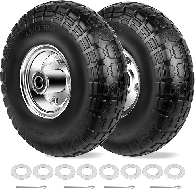4.10/3.50-4 Tires and Wheels Flat Free 10 Inch Solid Tires Replacement with 5/8" Axle Bore Hole, 8 Spacers 4 Pins, for Cart, Garden Wagon, Wheelbarrow, Hand Truck, Trolley, Lawn Mower, 2P