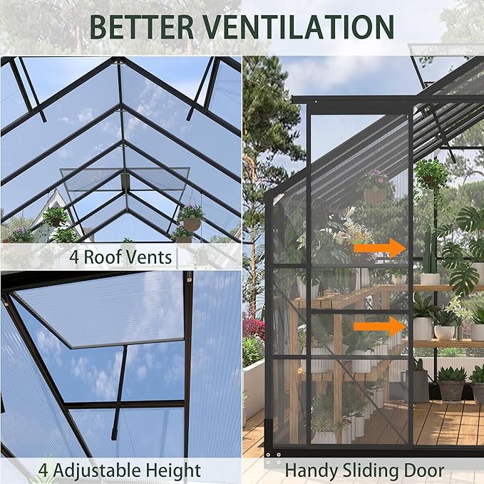 Greenhouses for Outdoors, 8x20 FT Polycarbonate Greenhouses with 4 Adjustable Roof Vents, Walk-in Aluminum Frame Green Houses for Outside with Sliding Doors Fit for Garden, Windproof (8x20FT)