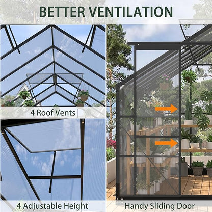 Greenhouses for Outdoors, 8x20 FT Polycarbonate Greenhouses with 4 Adjustable Roof Vents, Walk-in Aluminum Frame Green Houses for Outside with Sliding Doors Fit for Garden, Windproof (8x20FT)