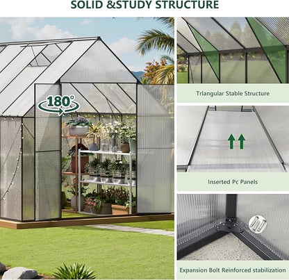 8x12 FT Green House for Outside, Greenhouse for Outdoor, Backyard Green House, Walk-in Garden Greenhouse, Heavy Duty Polycarbonate Greenhouses
