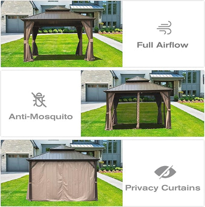 Domi 10' x 10' Hardtop Gazebo Permanent Metal Gazebo with Galvanized Steel Double Roof, Curtains and Netting for Party, Wedding, Outdoor Dining, Patio, Backyard, Brown
