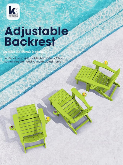 KINGYES Folding Adjustable Adirondack Chair with Ottoman & 2 Cup Holders Set of 2, HDEP Multifunctional Adirondack Chair with Footrest, Apple