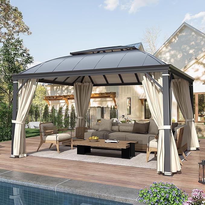YOLENY 12'x14' Hardtop Gazebo, Permanent Outdoor Aluminum Patio Gazebo with Aluminum Composite Double Arc Roof for Patio Lawn and Garden, Curtains and Netting Included