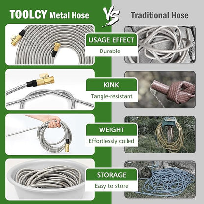 TOOLCY Garden Hose 50FT x 1/2inch, 304 Stainless Steel Garden Hoses, Heavy Duty Metal Water Hoses for Outdoor Flexible, No-Kink & Tangle, Puncture Resistant
