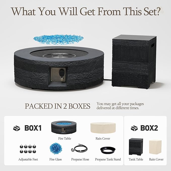UPHA 42-inch Outdoor Propane Gas Fire Pit Table 50000 BTU Concrete Round FirePit for Outside Patio with Propane Tank Cover, Navyblue Fire Glass, Rain Cover, Grey Texture
