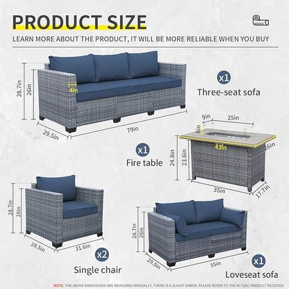 5 Piece Wicker Patio Furniture Sets Outdoor Conversation Set, PE Rattan Sectional Sofa Couch with 45" Fire Pit Table and Non-Slip Navy Blue Cushions, Furniture Covers Included