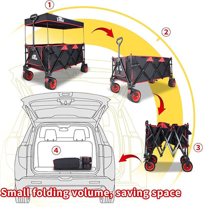 TMZ Collapsible Wagon 445L Heavy Duty Foldable Cart with All-Terrain Wheels, Canopy & Brakes - Extra Large Utility Wagon for Beach, Outdoor, Garden, Camping Portable Foldable Design (Black/Red)
