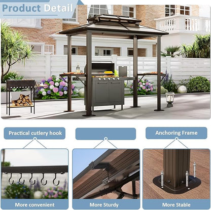 Aoxun Grill Gazebo 8 x 5FT, Outdoor Barbecue Gazebo with Double Polycarbonate Top, Aluminum Grill Canopy with Shelves for Patio, Garden, Lawn