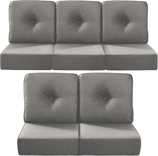 Luxury 22x24/22x25 6-Inch Outdoor Cushions for 5 Peice Patio Furniture Set - Set of 5 Water Repellent Pillow for Wicker Rocking Swivel Chairs Loveseat Couch Sectional Sofa - Grey