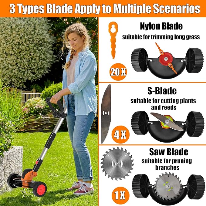 Electric Weed Wacker, Cordless Eater Battery Powered Eater Lightweight Edger Portable Stringless Grass Trimmer/Lawn Mower/Brush Cutter, with 3 Types Blades & Wheels for Yard and Garden