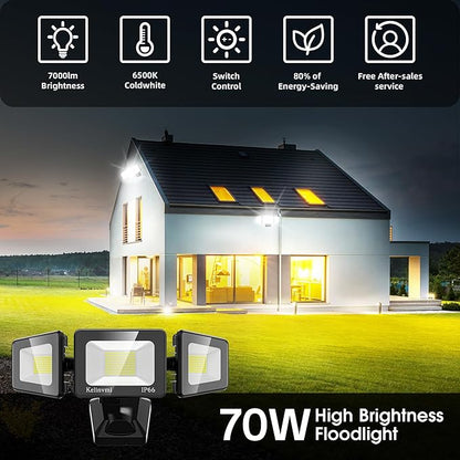 LED Flood Lights Outdoor 70W, 7000lm Floodlights, High Brightness Exterior Lighting Fixtures 6000K Cold White with IP66, Outdoor Lights for House, Yard, Garden,Playground