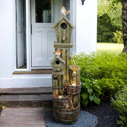 Outdoor Water Fountain with Birdhouse, 39.3inches Rustic Outdoor Water Fountains - Outdoor Cascading Waterfall with Decorative Birds & Buckets, Pump & Lights for Backyard Patio Decor