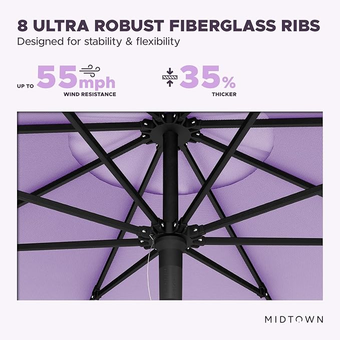 Midtown Umbrellas Push and Pop 9 Feet Outdoor Umbrella, Midtown Purple Polyester Fabric - Fiberglass Ribs Deck Patio Umbrella, Backyard Umbrella, Garden Umbrella & Pool Umbrella - Black Pole