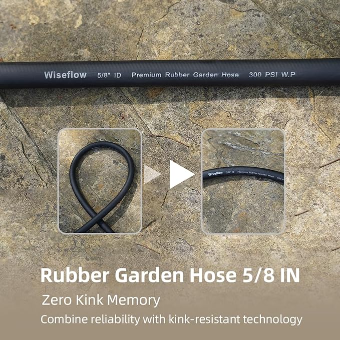 WiseFlow Garden Hose 75FT x 5/8", Heavy Duty Rubber Hose, Water Hose with Five Layered Braiding, Male Female Fittings, 1000PSI Burst, 300PSI Working (Black)