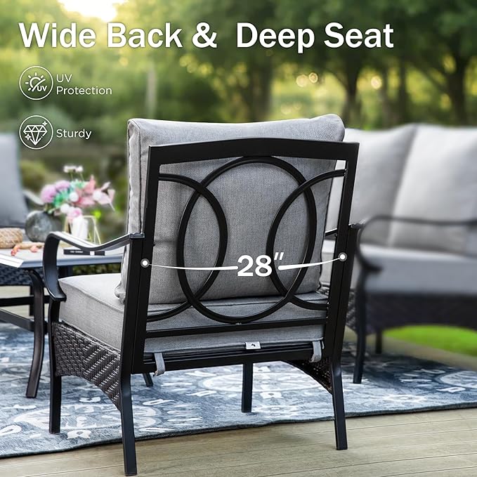 PHI VILLA Outdoor Modern Patio Furniture Set, Upgraded Wicker&Metal Patio Furniture Conversation Set with Waterproof Thick Cushions for Porch, Poolside, Deck, and Yard (4 Pieces,Grey)