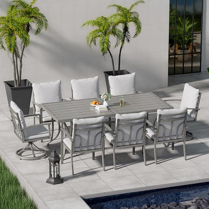 HAPPATIO 9-Piece Patio Outdoor Dining Set - All Aluminum Patio Table and Chairs Set for 8 Includes 1 Rectangular Dining Table, 6 Dining Chairs, and 2 Swivel Chairs with Cushions for Lawn, Deck