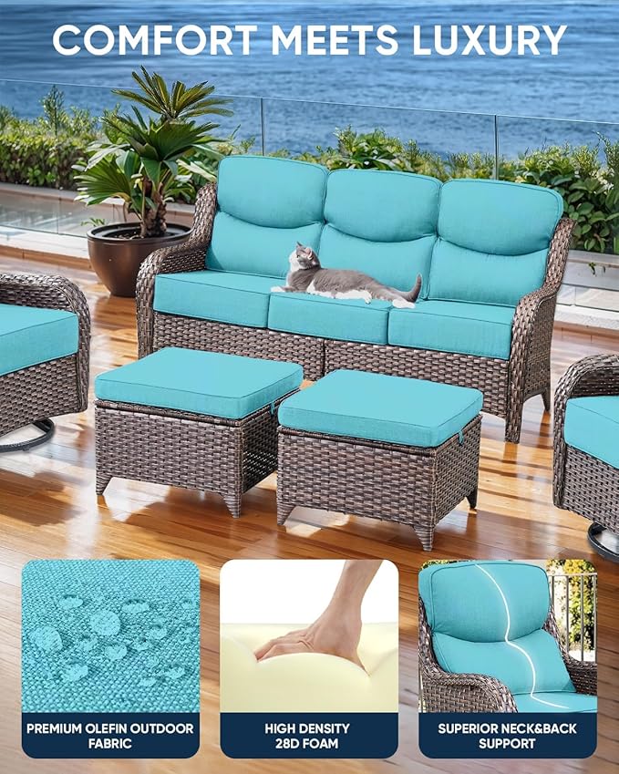 Luxury 24x24x6 Inch Smile Outdoor Sofa Cushions Set of 3 - Comfy Deep Seat Patio Furniture Pillows for Wicker Rocker Dining Chair Loveseat 3-Seater L-Shape Sectional Sofa - Turquoise