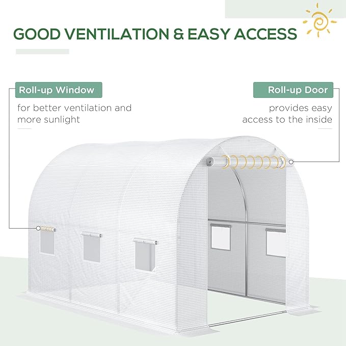 Outsunny 9.8' x 6.6' x 6.6' Plastic Greenhouse Cover Replacement, Heavy Duty Waterproof Tarp for Hoop House, Sheeting with 6 Windows, Door & Reinforcement Grid, White