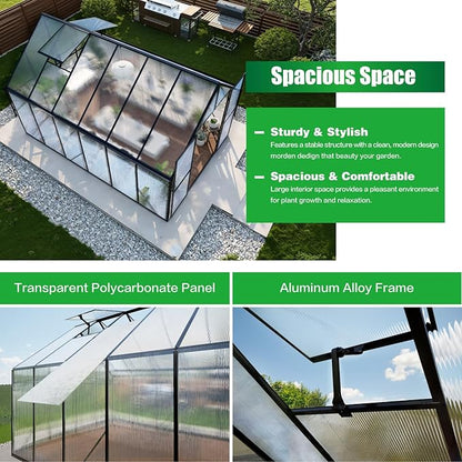 8x12 FT Greenhouse for Outdoors, Polycarbonate Green House with Adjustable Roof Vent and Rain Gutter, Aluminum Large Walk-in Greenhouse with Quick Setup Structure for Outside Garden Backyard Patio
