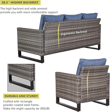 HUMMUH 7 Piece Patio Furniture with Fire Pit 30in 55,000 BTU,PE Wicker Outdoor Conversation Sets - Couch,Patio Chairs and Ottomans,Side Table for Porch,Garden,Backyard