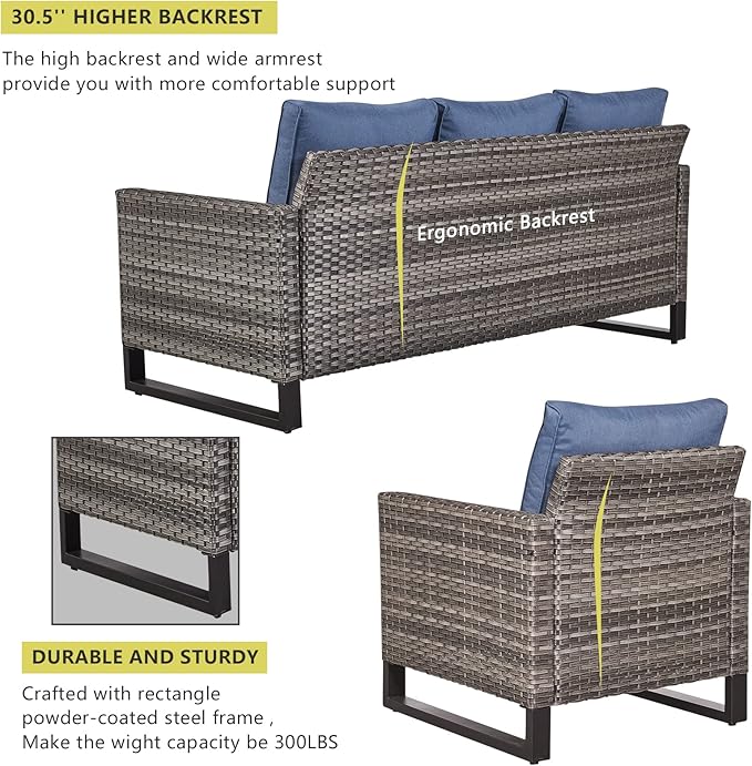 HUMMUH 8 Piece Patio Furniture with Fire Pit,PE Wicker Outdoor Conversation Sets-6-Seater Sofa,Patio Swivel Chairs Outdoor Chairs, Propane Fire Pit,Side Table for Porch,Garden,Backyard