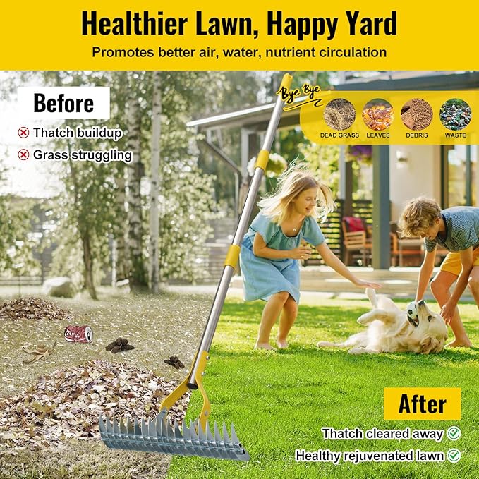 2 in 1 Rake: Stainless Steel Garden Rake for Leaves,Thatch,55” Heavy Duty 19 Tines Lawn Manual Dethatcher with Adjustable Head,Thatching Rakes for Lawn Yard Grass, Debris Removal, Soil Loosening