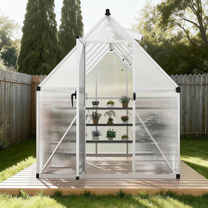 Garvee 6x11 FT Outdoor Greenhouse with Windproof Aluminum Frame, Polycarbonate Greenhouse, Lockable Door and Ajustable Roof Vent, Aluminum Walk-in Greenhouses, for Backyard, Lawn