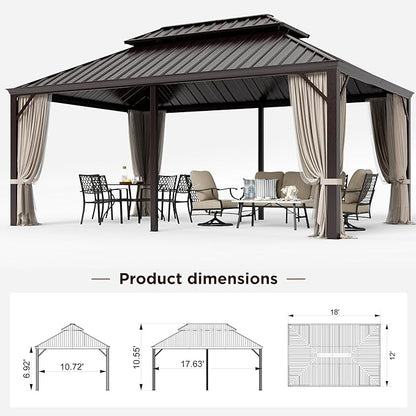 GREEN PARTY 12 X 18ft Hardtop Gazebo with Nettings and Curtains, Heavy Duty Double Roof Galvanized Steel, Outdoor Aluminum Gazebos Pergolas for Patios, Backyard, Deck, Garden, Lawns