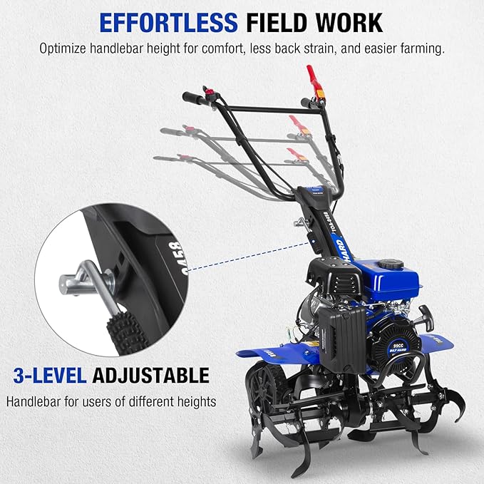 BILT HARD 24'' 99cc 4-Cycle Gas Tiller Cultivator, Variable Width Front Rotating Tines Tiller, 11.8'' Max Working Depth, Adjustable Handle & Wheels Rototiller for Weeding, Cultivating, Digging
