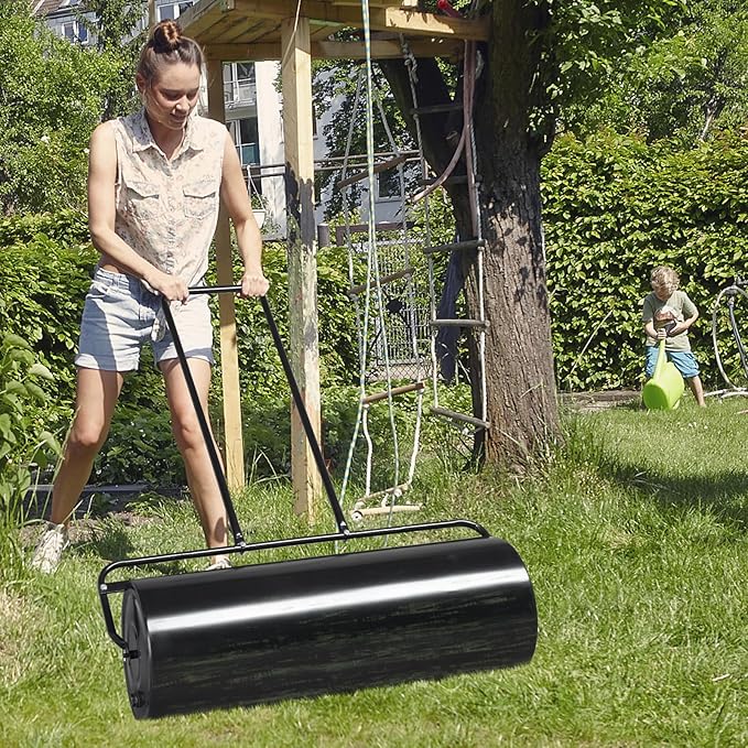 Outvita Lawn Roller, 17 Gallons Water and Sand Filled Garden Drum Roller with U Shaped Handle Tow beind Sod Roller for Planting, Seeding(Black)