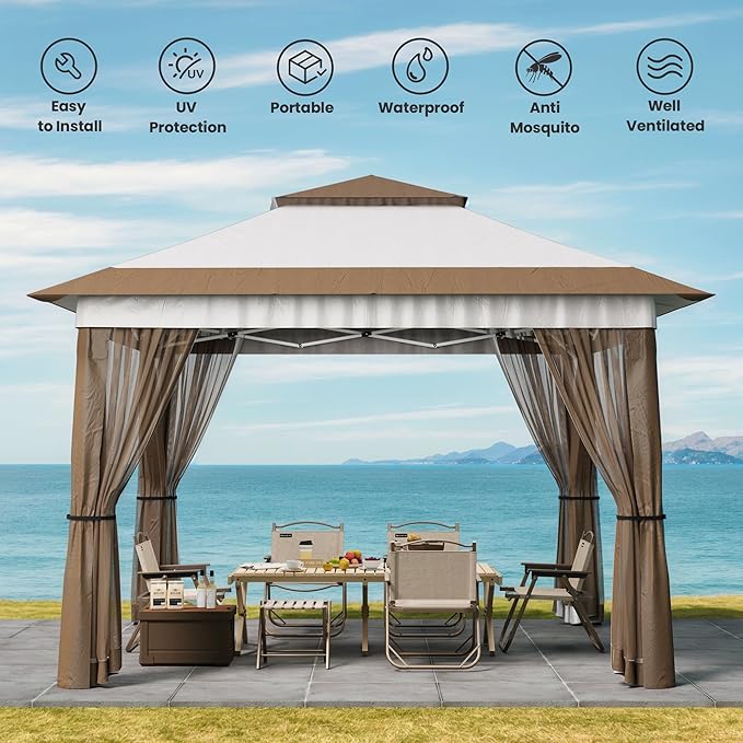 Bealife 11x11 Pop Up Gazebo Tent with Mosquito Netting, Outoor Canopy Tent with 4 Sandbags, 8 Stakes, 4 Ropes, Roller Bag, Pop Up Canopy Tent for Lawn Backyard Garden Deck, Beige