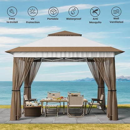 Bealife 11x11 Pop Up Gazebo Tent with Mosquito Netting, Outoor Canopy Tent with 4 Sandbags, 8 Stakes, 4 Ropes, Roller Bag, Pop Up Canopy Tent for Lawn Backyard Garden Deck, Beige