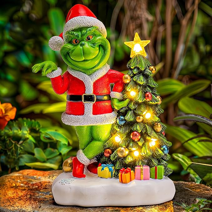 Green Monster Solar Garden Statue with Christmas Tree and 6 LED Lights - Outdoor Figurine - Glossy Resin - Waterproof - Spot Clean - Christmas Decor