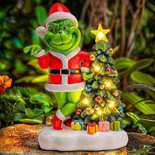 Green Monster Solar Garden Statue with Christmas Tree and 6 LED Lights - Outdoor Figurine - Glossy Resin - Waterproof - Spot Clean - Christmas Decor