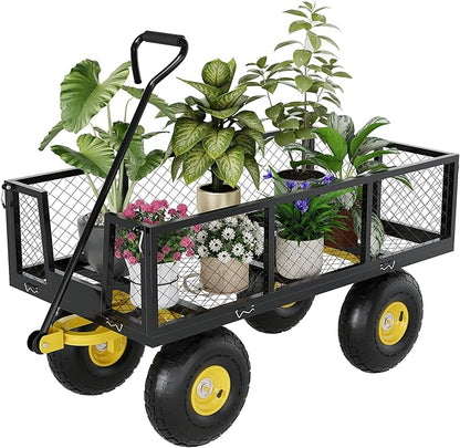 Metal Wagon - 900lbs Garden Cart with 10" Multi-Terrain Tires, 4 Removable Mesh Sides & 180° Swivel Handle, Yard Wagon Cart for Lawn, Yard, Patio Gardening