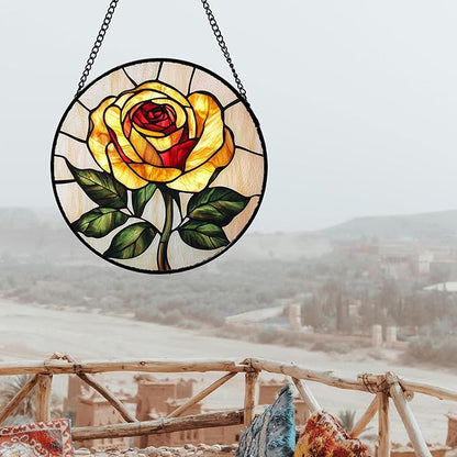 Stained Glass Window Hanging - Elegant Yellow Rose Flower Sun Catcher for Door Garden Home Decor Suncatcher Christmas Mother's Day Birthday Gifts for Women Mom Girl Nana Friend 6.3 in
