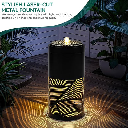 23.6 Inch Modern Outdoor Water Fountain with LED Lights - Black Geometric Bird Bath Garden Fountain for Patio, Yard, Porch Decor - Soothing Waterfall for Relaxing Ambiance