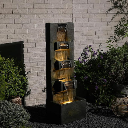 41.1" Garden Water Fountain Outdoor – 5-Tier Modern Cascading Resin Waterfall Fountain with LED Light, Mossy Stone Look, Floor-Standing Outdoor Water Feature for Patio, Yard, Deck, Home Décor
