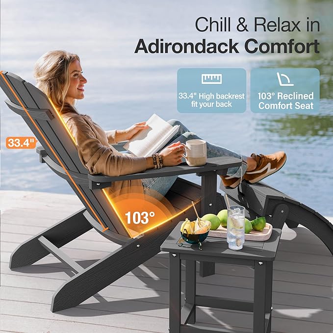 YEFU Adirondack Chair Plastic Weather Resistant, Patio Chairs 5 Steps Easy Installation, Looks Exactly Like Real Wood, Widely Used in Outdoor, Fire Pit, Outside, Garden, Campfire Chairs (Dark Grey)