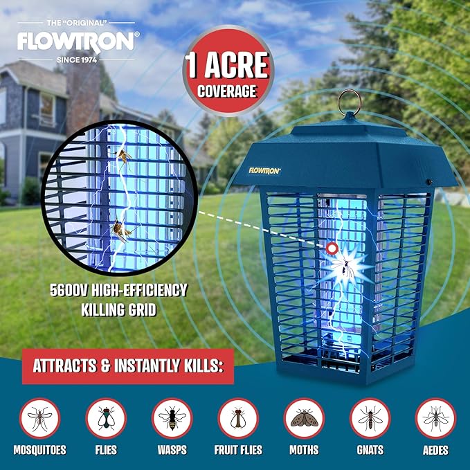 Flowtron Bug Zapper, 1 Acre of Outdoor Coverage with Powerful 40W Bulb & 5600V Instant Killing Grid, Electric Insect, Fly & Mosquito Zapper, Made in The USA - Blue Color